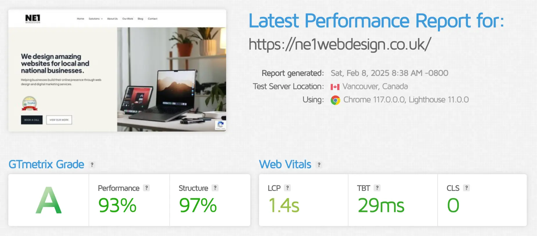 ne1 web design speed test