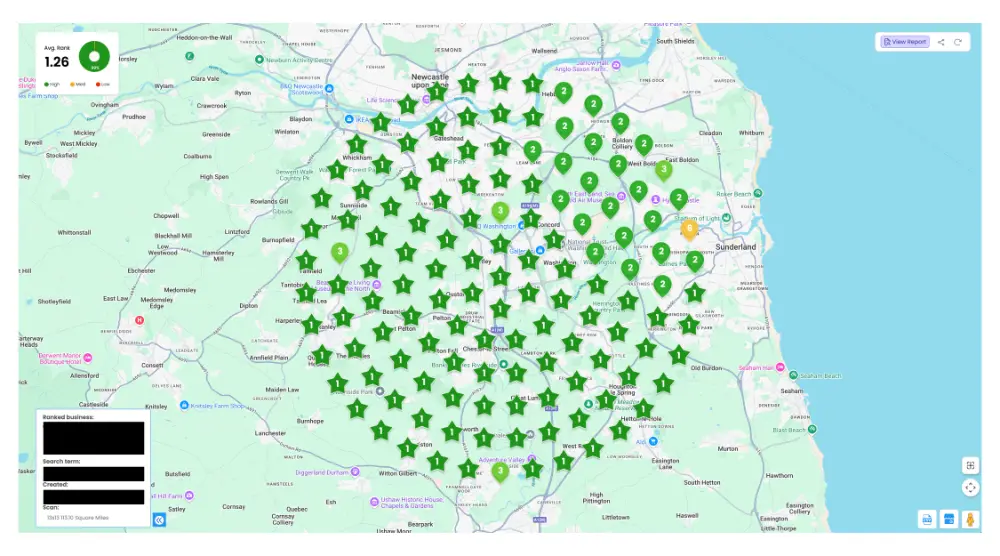 The same ranking scan after the work, averaging position 1.3 across the North East