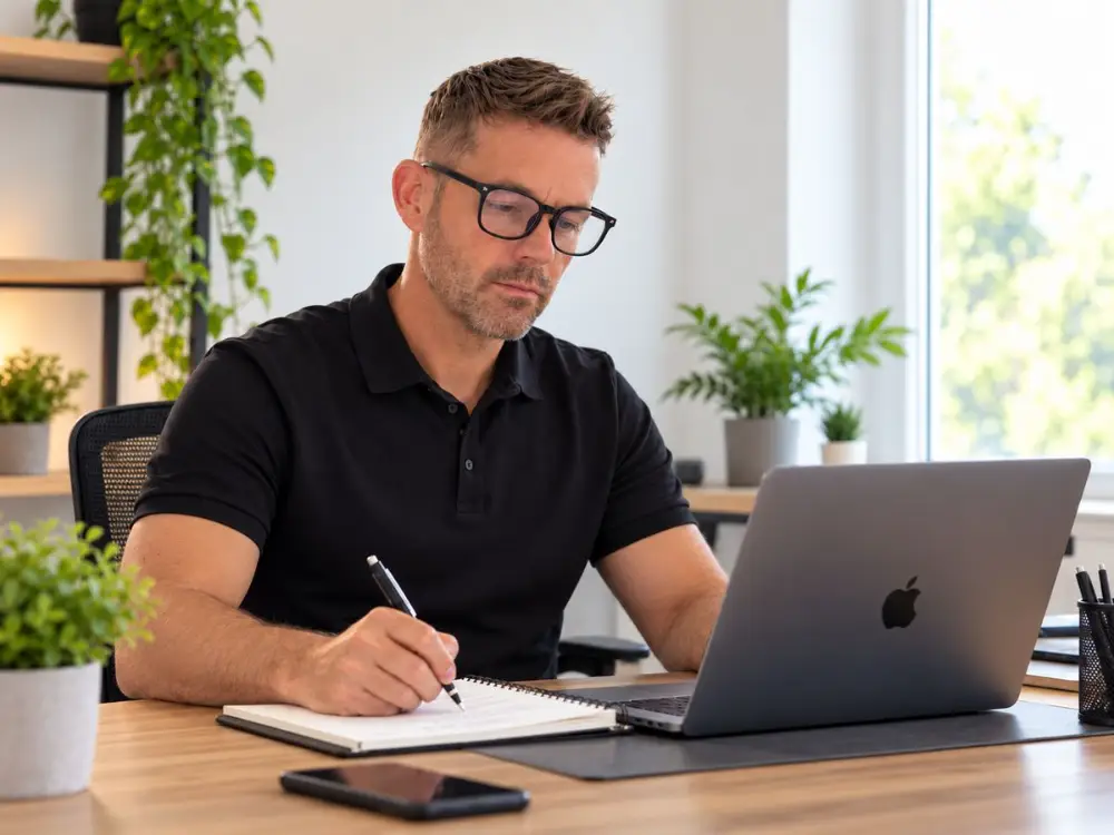 Michael James, founder of NE1 Web Design and SEO, working on a client website in North Shields