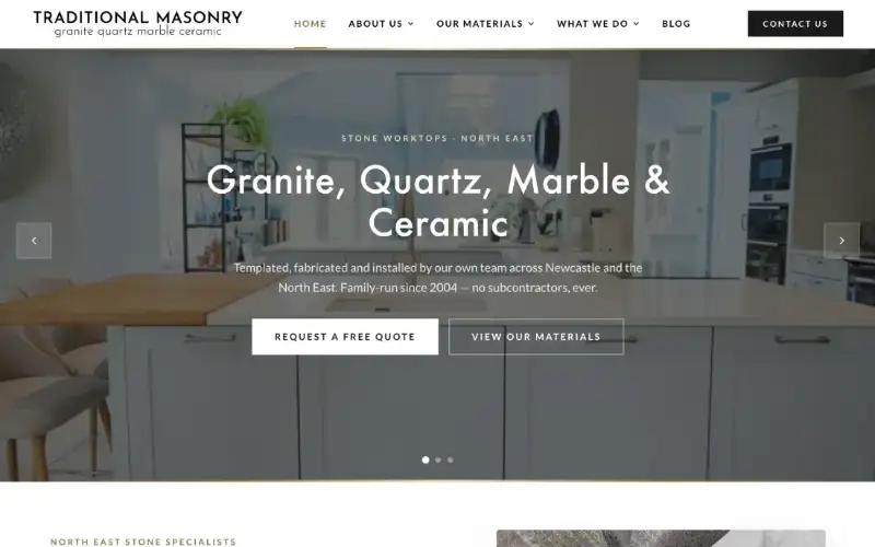 Traditional Masonry granite and quartz worktop website built by NE1 Web Design