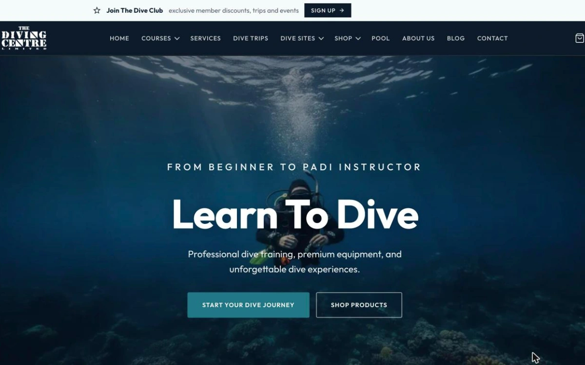 The Diving Centre website, an e-commerce website built by NE1